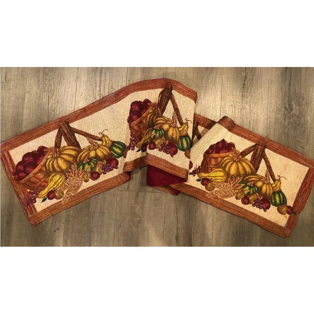 Thanksgiving Fall Tapestry Table Runner Pumpkins Grapes‎ Apple Basket 70x12